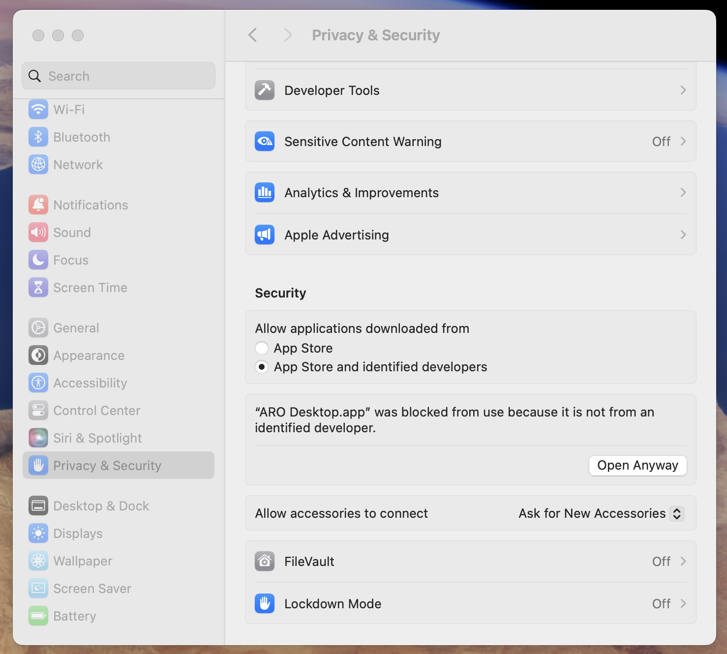 Allow ARO Desktop in Privacy &amp; Security
